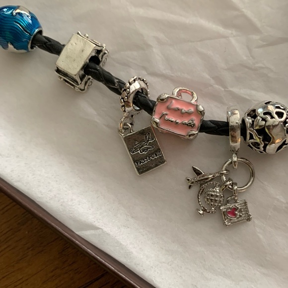 Pandora Leather Double Bracelet Necklace with World Traveler Theme Charms - Picture 5 of 8
